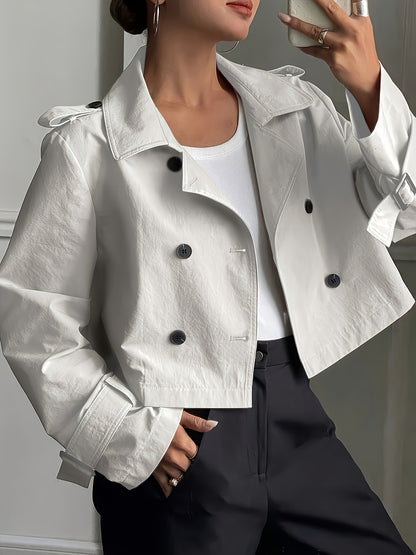 Elegant Khaki Pea Coat for Women with Notch Lapel Long Sleeve Double Breasted Cropped Style