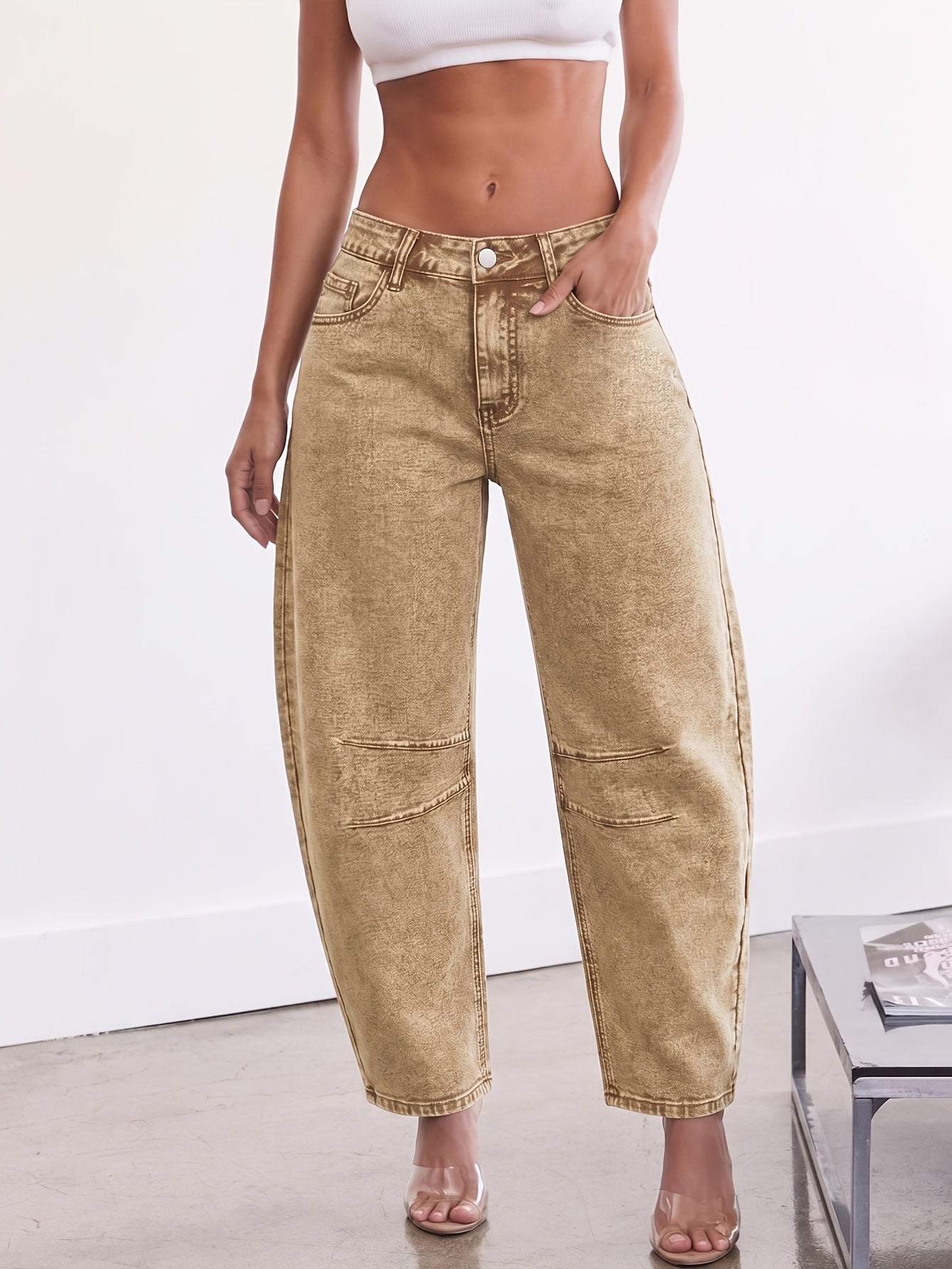 Effortless Relaxed Khaki Barrel Jeans for Women with High Waist Curved Leg