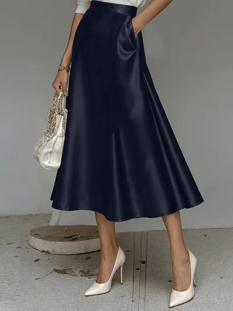 Elegant Satin Midi Skirt for Women with High Waist A Line Pocket Flowing Style
