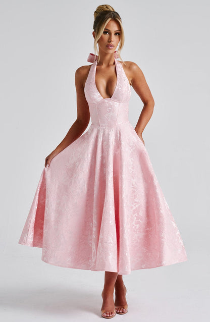 Elegant Halter Fall Wedding Guest Dress for Women with Plunging Neck Fit and Flare Lace Up Midi Style