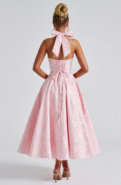Elegant Halter Fall Wedding Guest Dress for Women with Plunging Neck Fit and Flare Lace Up Midi Style