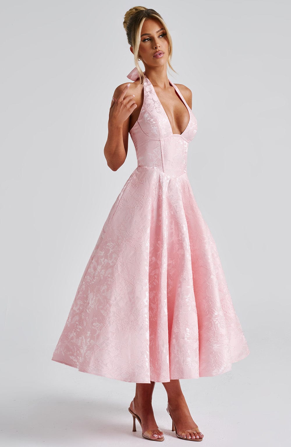 Elegant Halter Fall Wedding Guest Dress for Women with Plunging Neck Fit and Flare Lace Up Midi Style