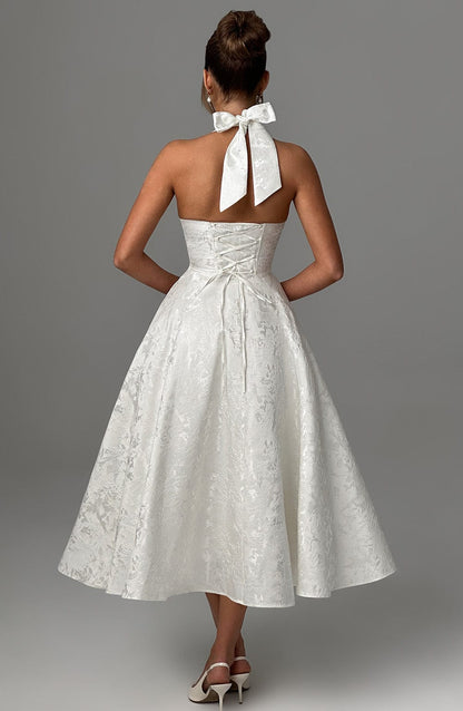 Elegant Halter Fall Wedding Guest Dress for Women with Plunging Neck Fit and Flare Lace Up Midi Style