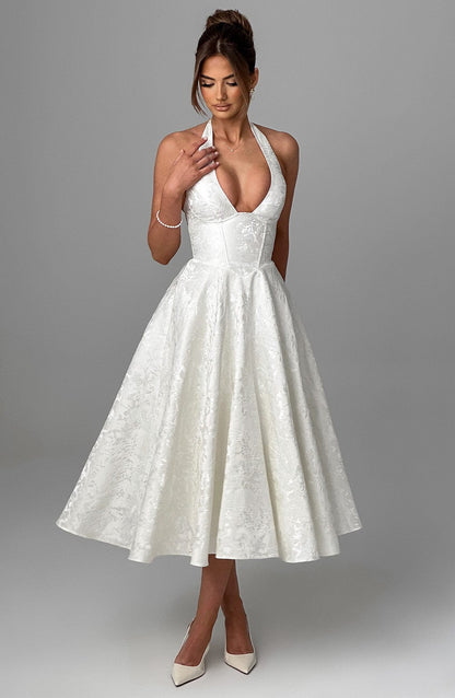 Elegant Halter Fall Wedding Guest Dress for Women with Plunging Neck Fit and Flare Lace Up Midi Style