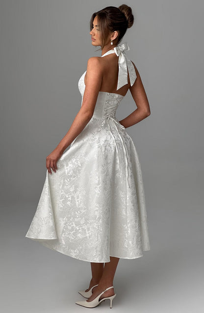 Elegant Halter Fall Wedding Guest Dress for Women with Plunging Neck Fit and Flare Lace Up Midi Style