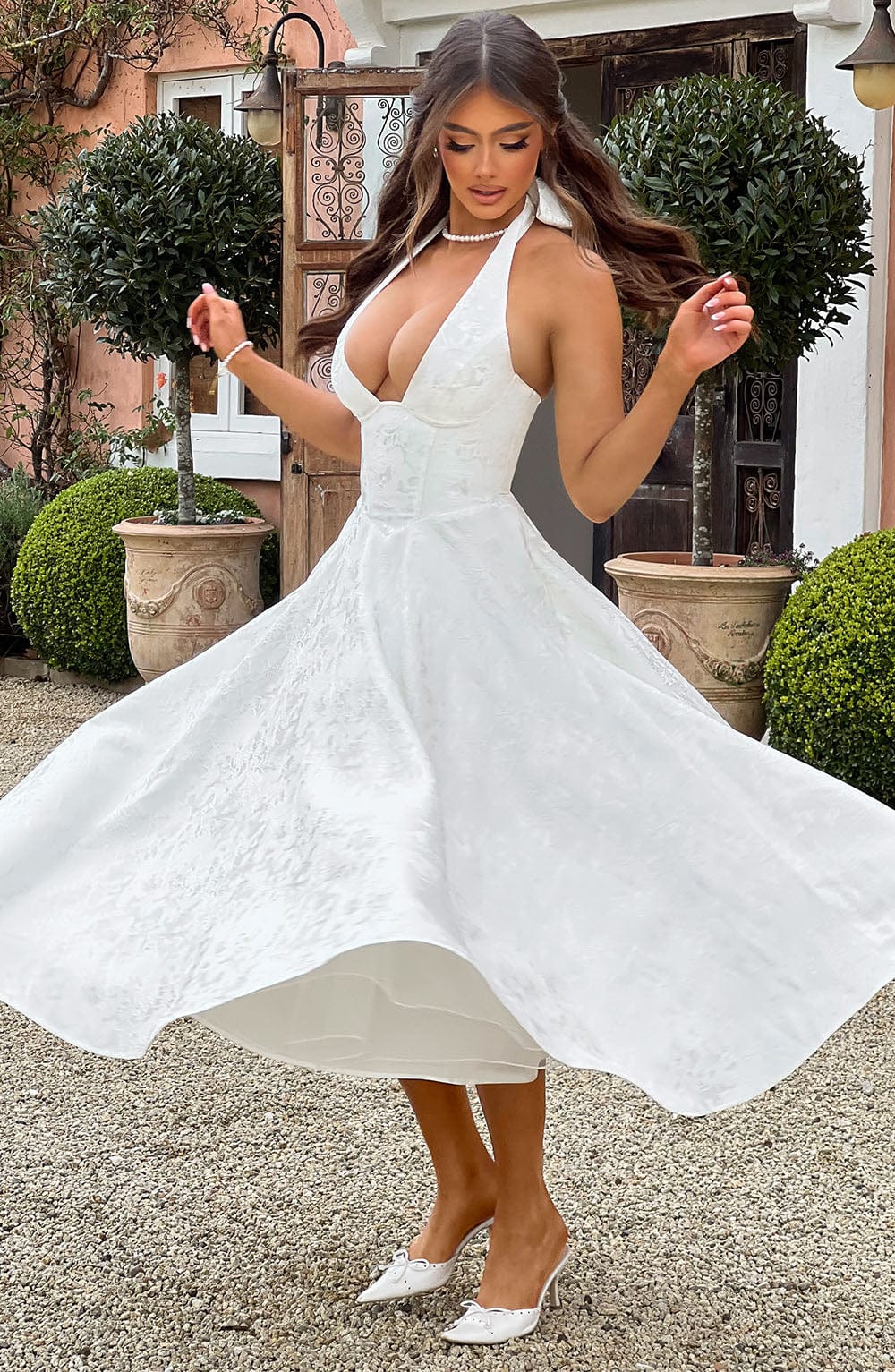Elegant Halter Fall Wedding Guest Dress for Women with Plunging Neck Fit and Flare Lace Up Midi Style