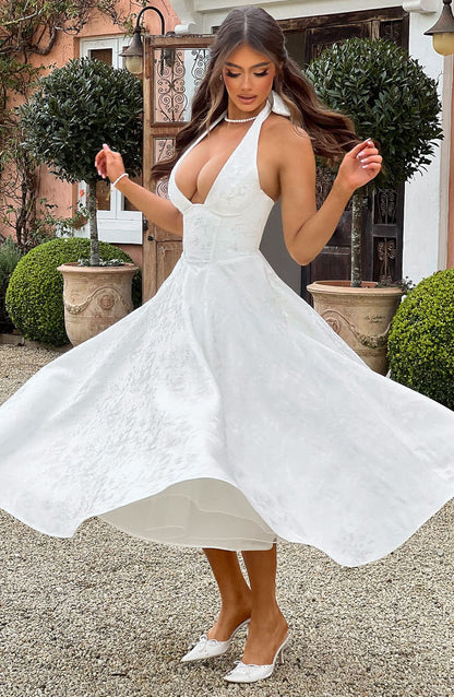 Elegant Halter Fall Wedding Guest Dress for Women with Plunging Neck Fit and Flare Lace Up Midi Style