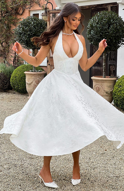 Elegant Halter Fall Wedding Guest Dress for Women with Plunging Neck Fit and Flare Lace Up Midi Style