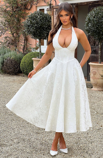 Elegant Halter Fall Wedding Guest Dress for Women with Plunging Neck Fit and Flare Lace Up Midi Style
