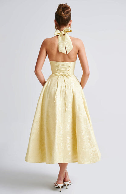 Elegant Halter Fall Wedding Guest Dress for Women with Plunging Neck Fit and Flare Lace Up Midi Style