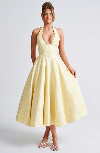 Elegant Halter Fall Wedding Guest Dress for Women with Plunging Neck Fit and Flare Lace Up Midi Style