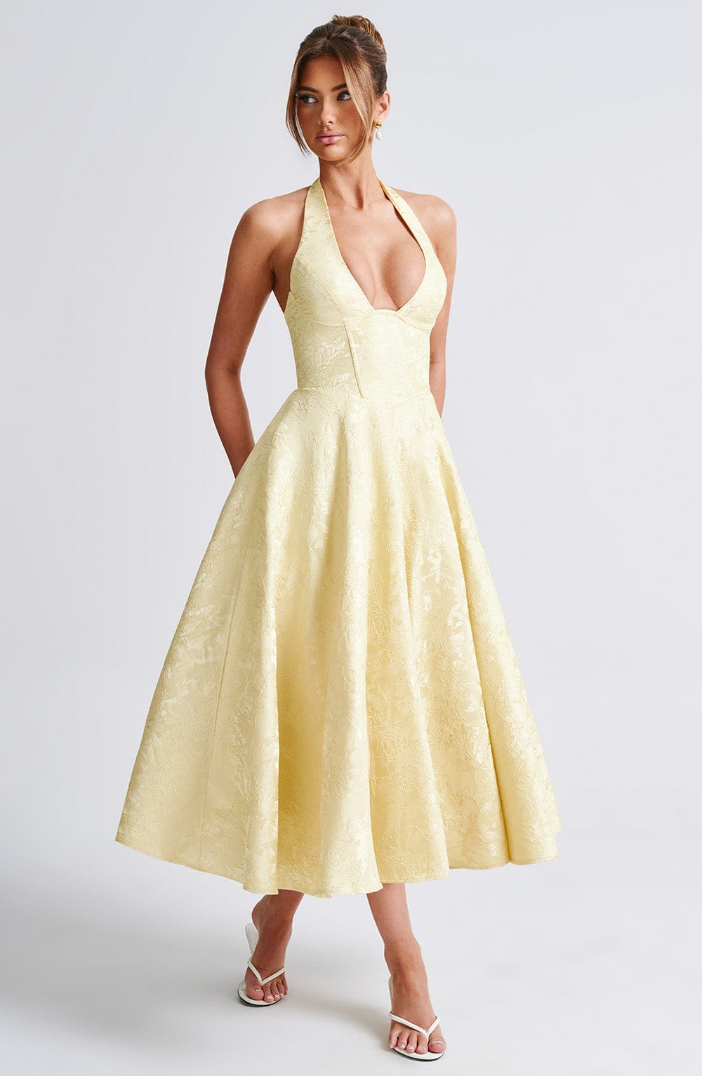 Elegant Halter Fall Wedding Guest Dress for Women with Plunging Neck Fit and Flare Lace Up Midi Style