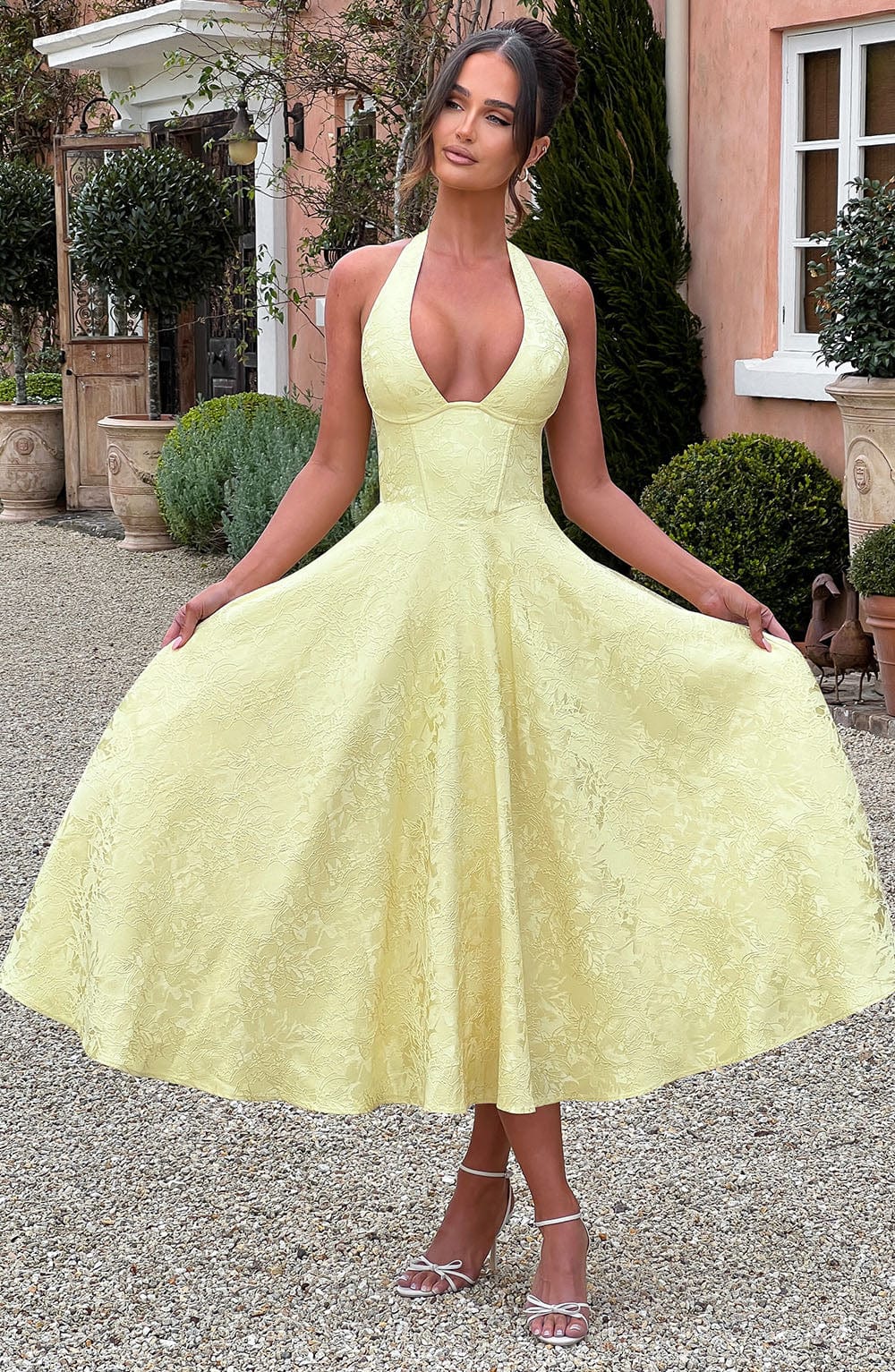 Elegant Halter Fall Wedding Guest Dress for Women with Plunging Neck Fit and Flare Lace Up Midi Style