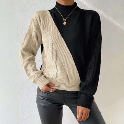 Cozy Color Block Cable Knit Sweater for Women with Mock Neck Long Sleeve Ribbed Trim Pullover Style