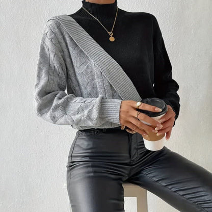 Cozy Color Block Cable Knit Sweater for Women with Mock Neck Long Sleeve Ribbed Trim Pullover Style