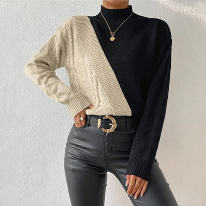Cozy Color Block Cable Knit Sweater for Women with Mock Neck Long Sleeve Ribbed Trim Pullover Style