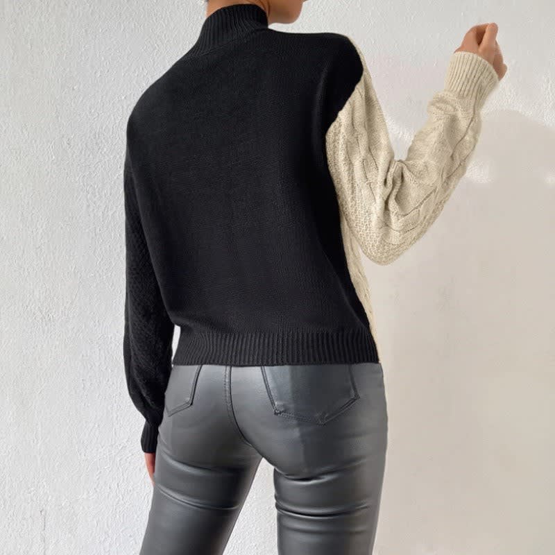 Cozy Color Block Cable Knit Sweater for Women with Mock Neck Long Sleeve Ribbed Trim Pullover Style