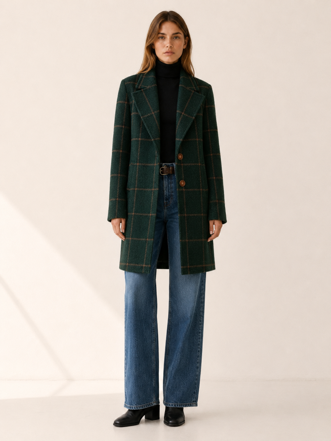 Stylish Longline Trench Coat for Women with Windowpane Check Notched Lapel Single Button Tailored Style