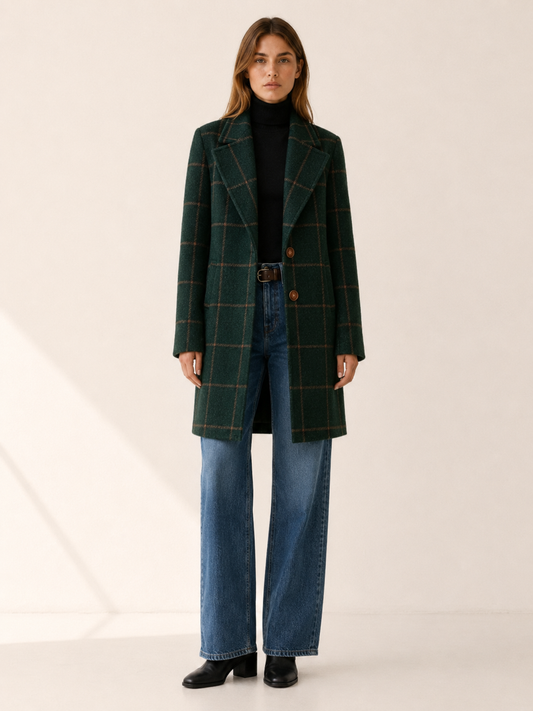 Stylish Longline Trench Coat for Women with Windowpane Check Notched Lapel Single Button Tailored Style