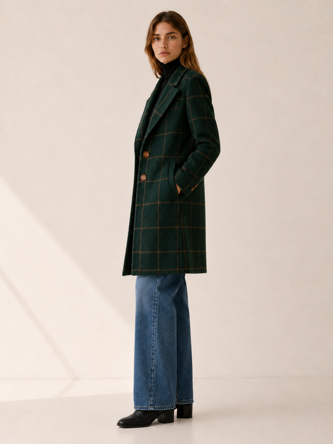 Stylish Longline Trench Coat for Women with Windowpane Check Notched Lapel Single Button Tailored Style