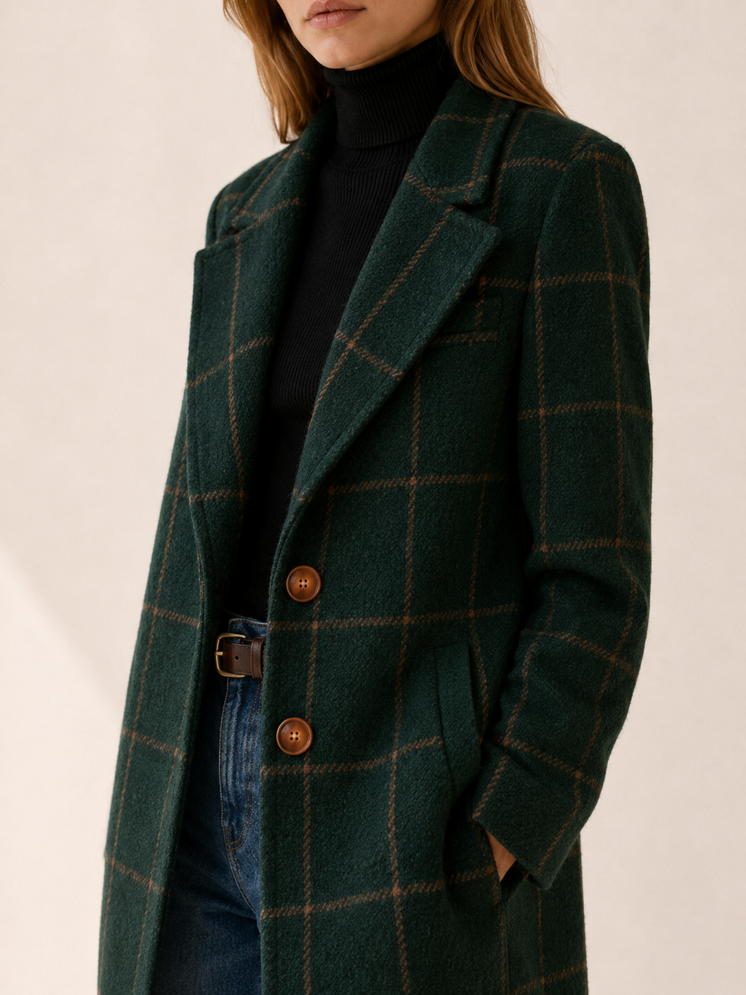 Stylish Longline Trench Coat for Women with Windowpane Check Notched Lapel Single Button Tailored Style