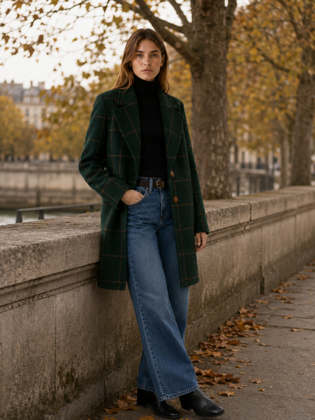 Stylish Longline Trench Coat for Women with Windowpane Check Notched Lapel Single Button Tailored Style