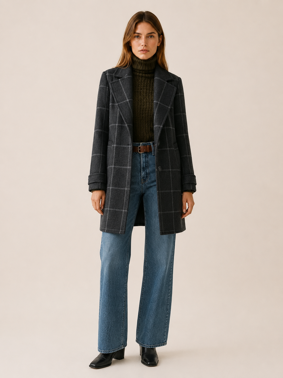 Stylish Longline Trench Coat for Women with Windowpane Check Notched Lapel Single Button Tailored Style