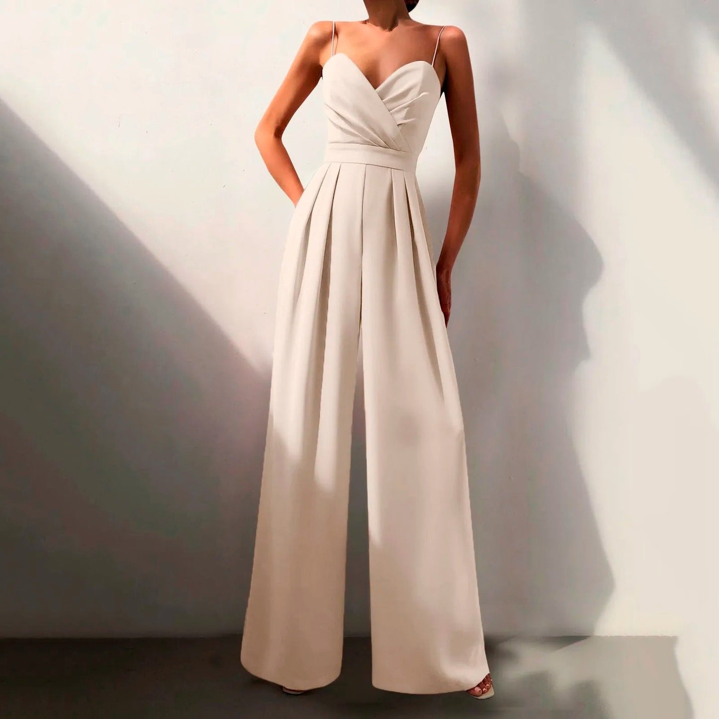 Elegant Wide Leg Jumpsuit for Women with Sweetheart Neck Spaghetti Strap Flowing Formal Style