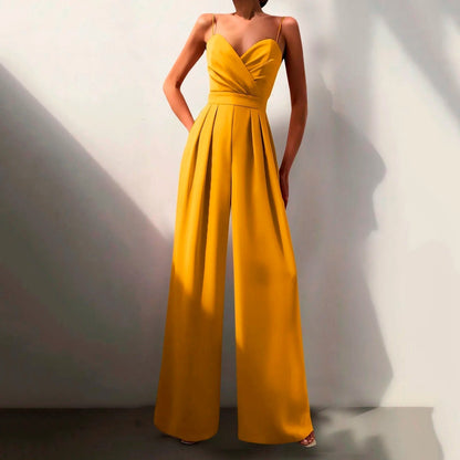 Elegant Wide Leg Jumpsuit for Women with Sweetheart Neck Spaghetti Strap Flowing Formal Style