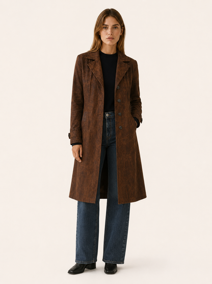 Elegant Longline Faux Suede Trench Coat for Women with Notched Lapel Belted Waist Tailored Autumn Style