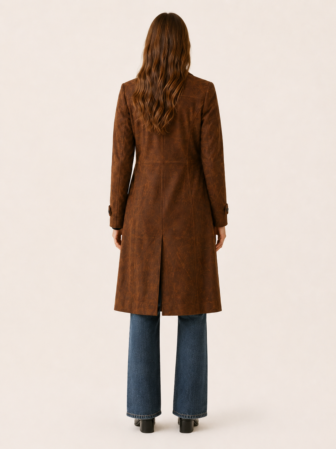 Elegant Longline Faux Suede Trench Coat for Women with Notched Lapel Belted Waist Tailored Autumn Style