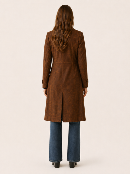 Elegant Longline Faux Suede Trench Coat for Women with Notched Lapel Belted Waist Tailored Autumn Style