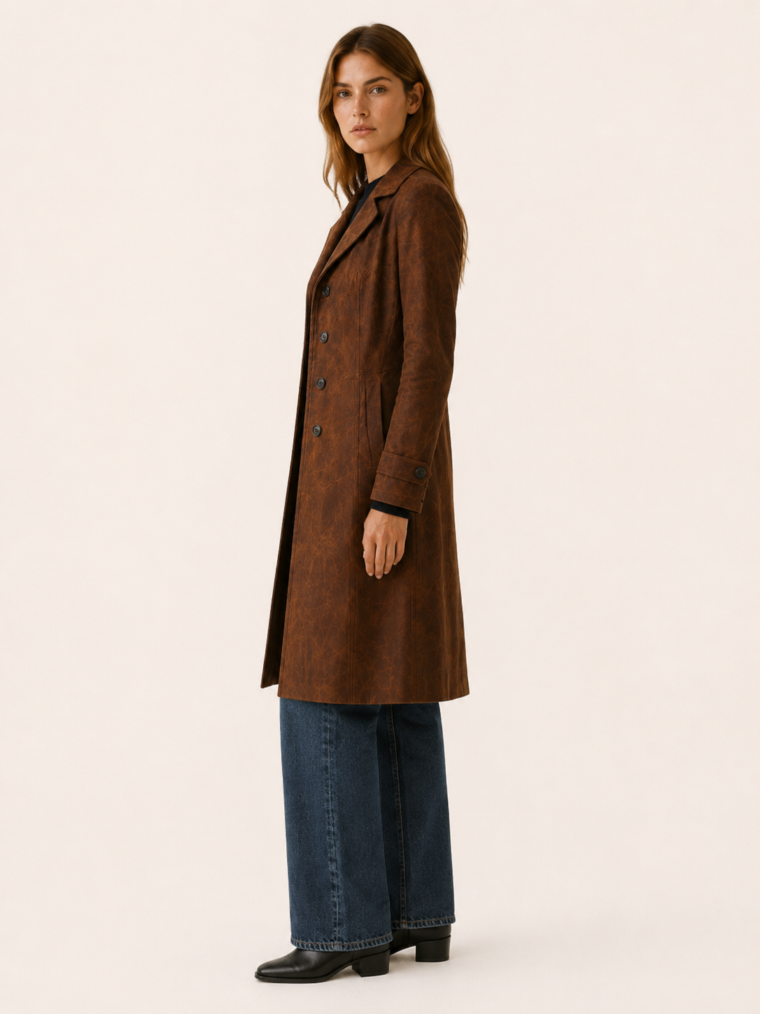 Elegant Longline Faux Suede Trench Coat for Women with Notched Lapel Belted Waist Tailored Autumn Style