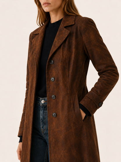 Elegant Longline Faux Suede Trench Coat for Women with Notched Lapel Belted Waist Tailored Autumn Style