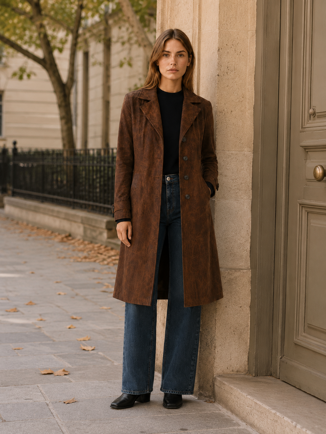 Elegant Longline Faux Suede Trench Coat for Women with Notched Lapel Belted Waist Tailored Autumn Style