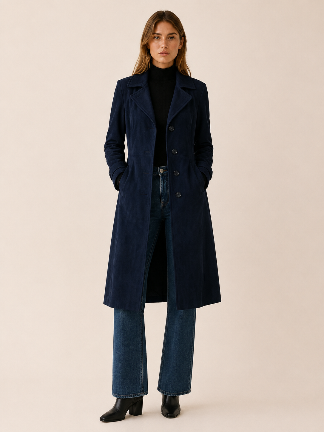 Elegant Longline Faux Suede Trench Coat for Women with Notched Lapel Belted Waist Tailored Autumn Style