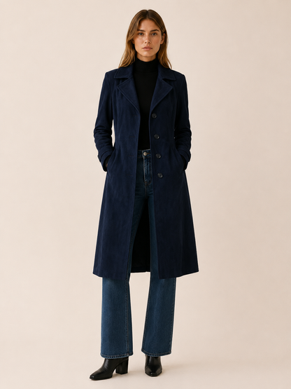 Elegant Longline Faux Suede Trench Coat for Women with Notched Lapel Belted Waist Tailored Autumn Style