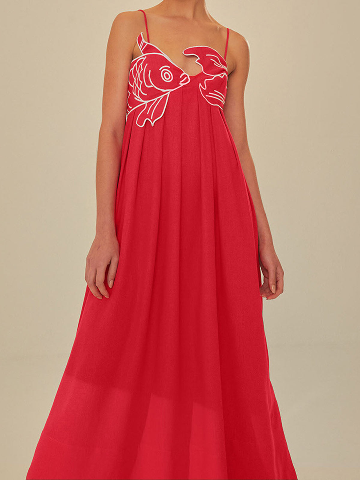 Elegant Embroidered Silk Dress for Women with V Neck Spaghetti Strap Pleated Flowing Maxi Style