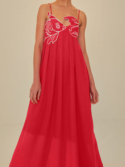 Elegant Embroidered Silk Dress for Women with V Neck Spaghetti Strap Pleated Flowing Maxi Style