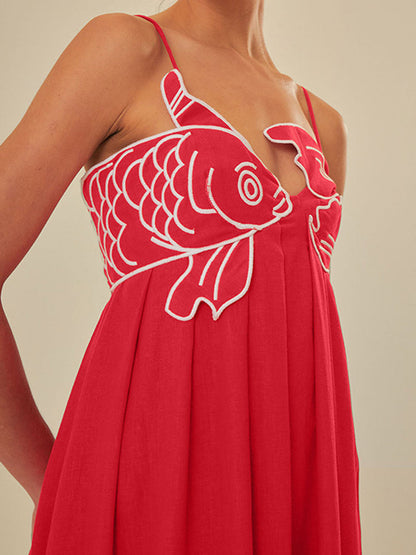 Elegant Embroidered Silk Dress for Women with V Neck Spaghetti Strap Pleated Flowing Maxi Style