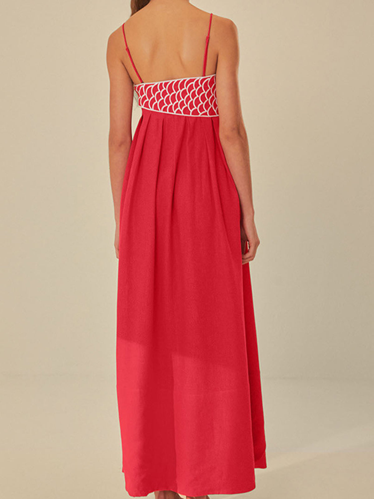 Elegant Embroidered Silk Dress for Women with V Neck Spaghetti Strap Pleated Flowing Maxi Style