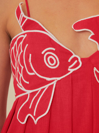 Elegant Embroidered Silk Dress for Women with V Neck Spaghetti Strap Pleated Flowing Maxi Style
