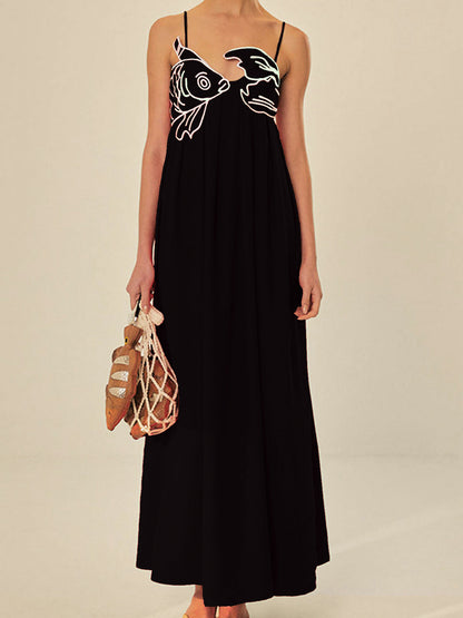 Elegant Embroidered Silk Dress for Women with V Neck Spaghetti Strap Pleated Flowing Maxi Style