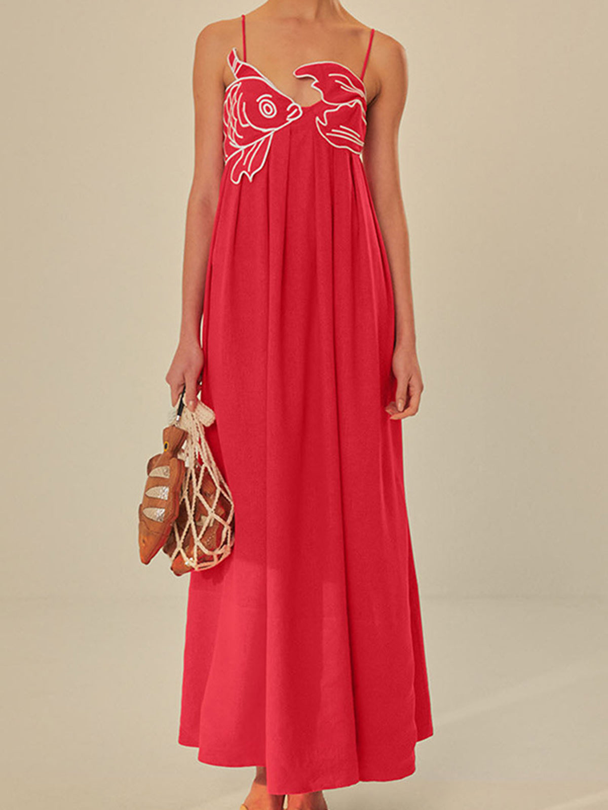 Elegant Embroidered Silk Dress for Women with V Neck Spaghetti Strap Pleated Flowing Maxi Style