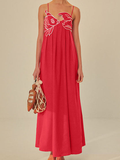 Elegant Embroidered Silk Dress for Women with V Neck Spaghetti Strap Pleated Flowing Maxi Style