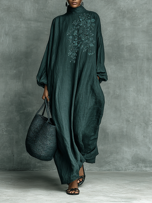 Elegant Green Dress for Women with Mock Neck Floral Embroidery Puff Sleeve Oversized Linen Casual Maxi Style