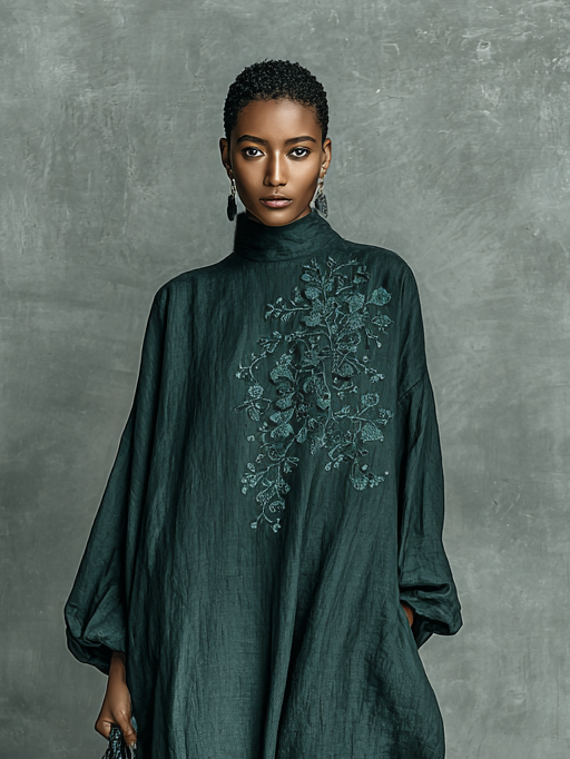 Elegant Green Dress for Women with Mock Neck Floral Embroidery Puff Sleeve Oversized Linen Casual Maxi Style