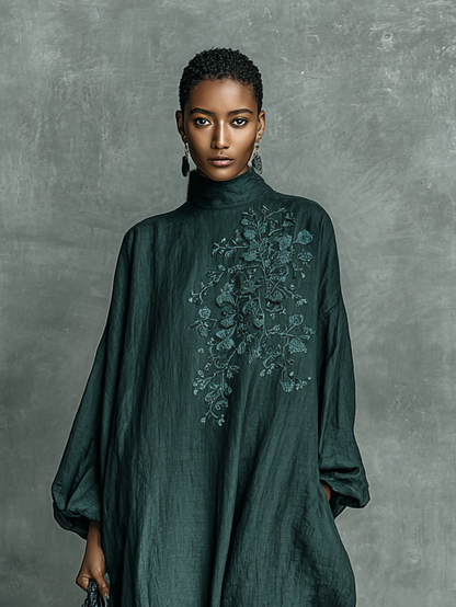 Elegant Green Dress for Women with Mock Neck Floral Embroidery Puff Sleeve Oversized Linen Casual Maxi Style