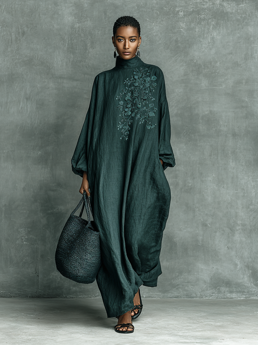 Elegant Green Dress for Women with Mock Neck Floral Embroidery Puff Sleeve Oversized Linen Casual Maxi Style