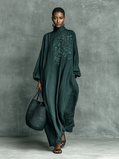 Elegant Green Dress for Women with Mock Neck Floral Embroidery Puff Sleeve Oversized Linen Casual Maxi Style